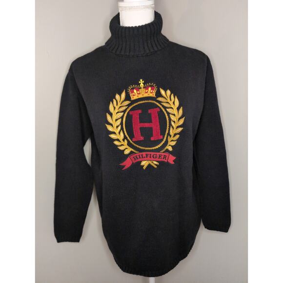Vintage Tommy Hilfiger embroidered preppy crown logo black turtleneck sweater - Picture 1 of 7